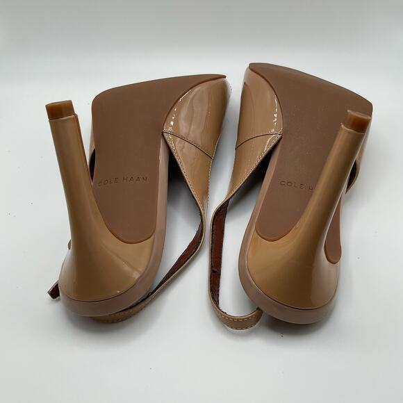 Cole Haan Shoes Heels Womens 8B Nude Tan Patent Leather Slingback Peep Toe - Picture 13 of 15